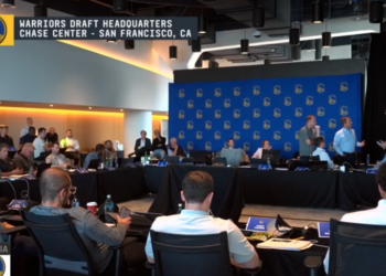People gathered at the Warriors Draft Headquarters in San Francisco, CA.