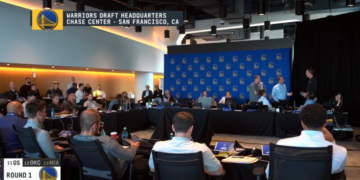 People gathered at the Warriors Draft Headquarters in San Francisco, CA.