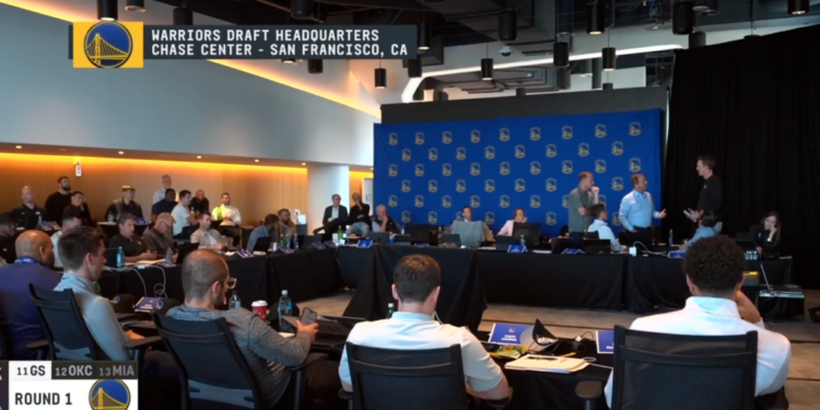 People gathered at the Warriors Draft Headquarters in San Francisco, CA.