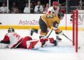 Golden Knights wing Mitch Marner (93) scores on Hurricanes goalie Frederik Anderson during the second period in Game 3 of the Stanley Cup Final on June 6, 2026.