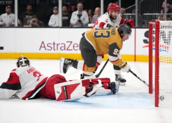 Golden Knights wing Mitch Marner (93) scores on Hurricanes goalie Frederik Anderson during the second period in Game 3 of the Stanley Cup Final on June 6, 2026.