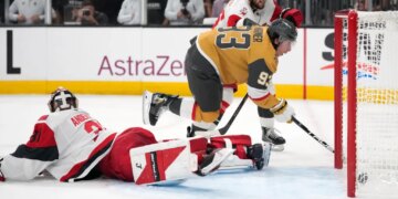 Golden Knights wing Mitch Marner (93) scores on Hurricanes goalie Frederik Anderson during the second period in Game 3 of the Stanley Cup Final on June 6, 2026.