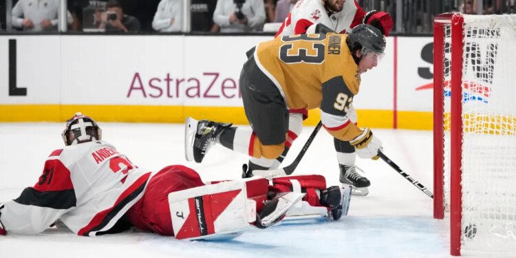 Golden Knights wing Mitch Marner (93) scores on Hurricanes goalie Frederik Anderson during the second period in Game 3 of the Stanley Cup Final on June 6, 2026.