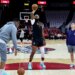 New York Knicks center Mitchell Robinson practices free throws during warm-ups.