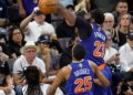 Mitchell Robinson blocks Stephon Castle's shot during the second half of the Knicks' 105-104 win over the Spurs in Game 2 of the NBA Finals on June 5, 2026 in San Antonio.