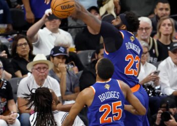 Mitchell Robinson blocks Stephon Castle's shot during the second half of the Knicks' 105-104 win over the Spurs in Game 2 of the NBA Finals on June 5, 2026 in San Antonio.