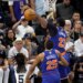 Mitchell Robinson blocks Stephon Castle's shot during the second half of the Knicks' 105-104 win over the Spurs in Game 2 of the NBA Finals on June 5, 2026 in San Antonio.