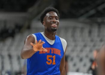 New York Knicks forward Mohamed Diawara (51) smiles during practice on media day for the 2026 NBA Finals at Frost Bank Center.