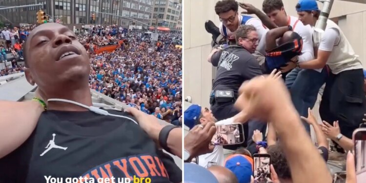 Moment Knicks fans climb structure to save reveler from apparent overdose during championship parade