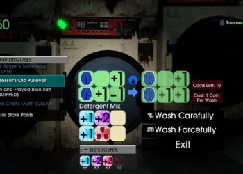 An image of the interface of Moves of the Diamond Hand, in which the player is rolling dice to wash a pullover sweater with laundry detergent.