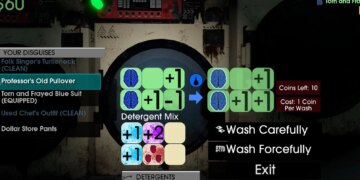 An image of the interface of Moves of the Diamond Hand, in which the player is rolling dice to wash a pullover sweater with laundry detergent.