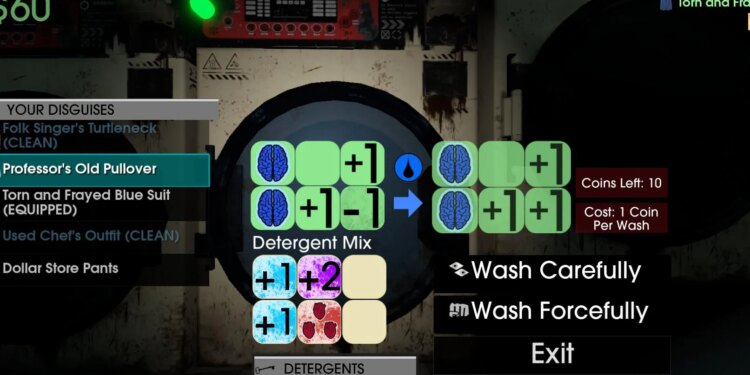 An image of the interface of Moves of the Diamond Hand, in which the player is rolling dice to wash a pullover sweater with laundry detergent.