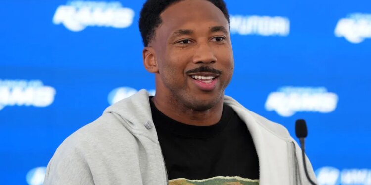 Rams defensive end Myles Garrett talks to reporters at a press conference at the team's practice facility on June 2026.