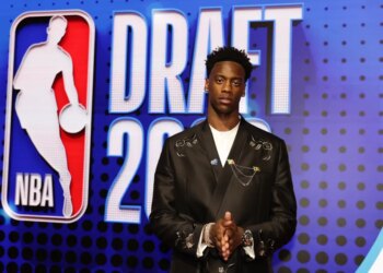 AJ Dybantsa during the first round of the NBA draft.