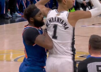 Knicks center Mitchell Robinson (l.) was called for a technical foul on this play with the Spurs' Victor Wembanyama (r.) in the second quarter during Game 2 of the NBA Fianls on June 5, 2026.