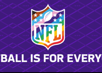 An NFL logo with a rainbow, brown, black, blue, and pink striped shield, and the text "FOOTBALL IS FOR EVERYONE" on a purple background.