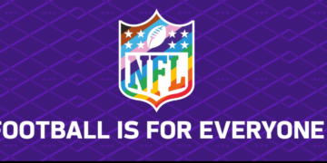 An NFL logo with a rainbow, brown, black, blue, and pink striped shield, and the text "FOOTBALL IS FOR EVERYONE" on a purple background.