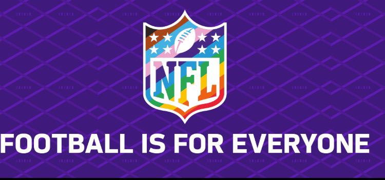 An NFL logo with a rainbow, brown, black, blue, and pink striped shield, and the text "FOOTBALL IS FOR EVERYONE" on a purple background.