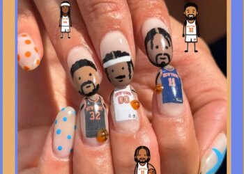 Manicured nails featuring caricatures of basketball players in New York Knicks jerseys.
