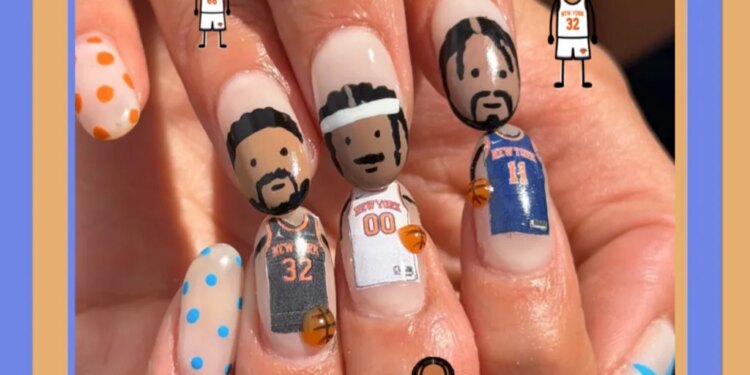 Manicured nails featuring caricatures of basketball players in New York Knicks jerseys.