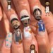 Manicured nails featuring caricatures of basketball players in New York Knicks jerseys.