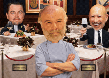 Illustration of a restaurant with three men, two dining at tables labeled "Member's Only" and one chef standing in front.