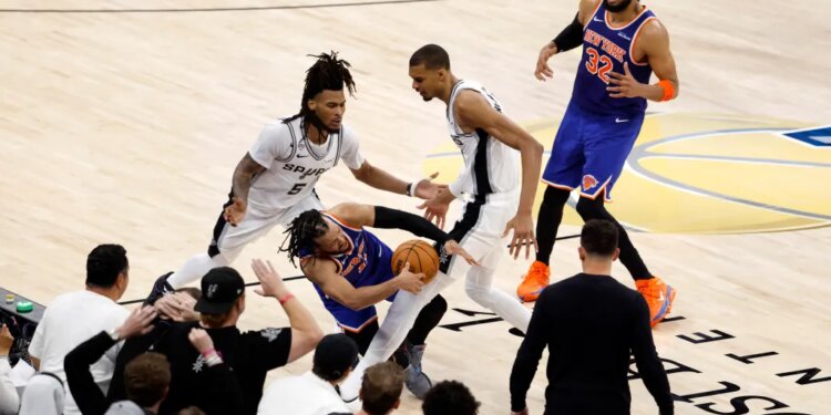 Victor Wembanyama's errant pass and foul cost the Spurs in their NBA Finals Game 2 loss to the Knicks.