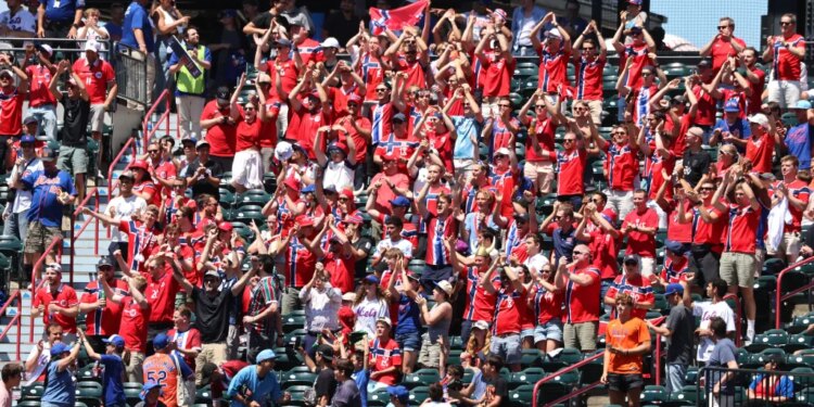 Norway fans take over a section in center field during a Mets-Cubs game at Citi Field on June 24, 2026.