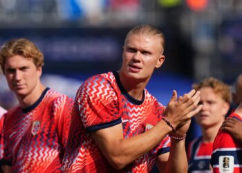 Norway's Erling Haaland applauds at the end of the World Cup Group I soccer match between Norway and France.