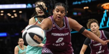 Toronto's Nyara Sabally looks to chase down a loose ball during the Liberty's 97-82 blowout win over the Tempo on June 3, 2026 at Barclays Center.