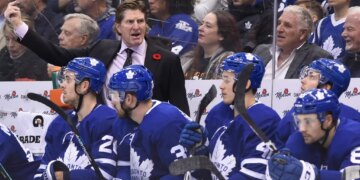 Toronto Maple Leafs coach Mike Babcock reacts as his team plays the Vegas Golden Knights.