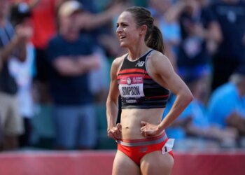 Jenny Simpson smiling after the finals of the women's 1500-meter run at the U.S. Olympic Track and Field Trials.