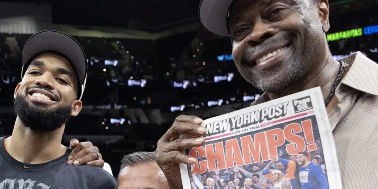 A smiling Patrick Ewing celebrates with Karl-Anthony Towns and a copy of the New York Post front page after the Knicks' 94-90 NBA title-clinching Game 5 win over the Spurs on July 13, 2026 in San Antonio.