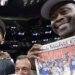 A smiling Patrick Ewing celebrates with Karl-Anthony Towns and a copy of the New York Post front page after the Knicks' 94-90 NBA title-clinching Game 5 win over the Spurs on July 13, 2026 in San Antonio.