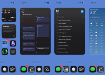Four screenshots, lined up side by side, showing large full-sized widgets on an iPhone homescreen.