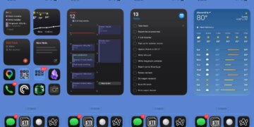 Four screenshots, lined up side by side, showing large full-sized widgets on an iPhone homescreen.