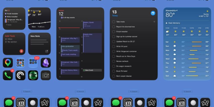 Four screenshots, lined up side by side, showing large full-sized widgets on an iPhone homescreen.