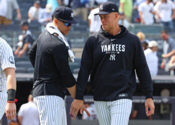 New York Yankees Giancarlo Stanton (27) and New York Yankees right fielder Aaron Judge (99) after the game when the New York Yankees played the Cleveland Guardians Thursday, June 4, 2026 at Yankee Stadium.