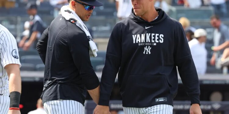 New York Yankees Giancarlo Stanton (27) and New York Yankees right fielder Aaron Judge (99) after the game when the New York Yankees played the Cleveland Guardians Thursday, June 4, 2026 at Yankee Stadium.