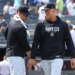 New York Yankees Giancarlo Stanton (27) and New York Yankees right fielder Aaron Judge (99) after the game when the New York Yankees played the Cleveland Guardians Thursday, June 4, 2026 at Yankee Stadium.