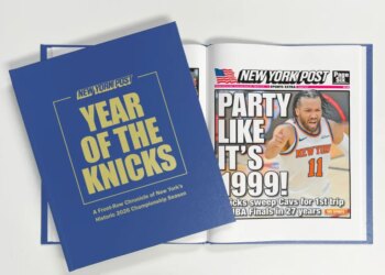 A book titled "YEAR OF THE KNICKS" and a New York Post newspaper with the headline "PARTY LIKE IT'S 1999!" featuring a photo of Jalen Brunson.