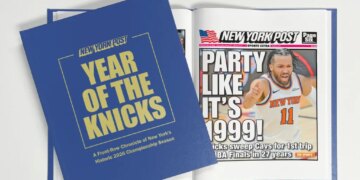 A book titled "YEAR OF THE KNICKS" and a New York Post newspaper with the headline "PARTY LIKE IT'S 1999!" featuring a photo of Jalen Brunson.