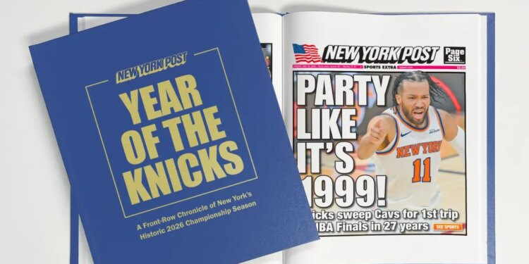 A book titled "YEAR OF THE KNICKS" and a New York Post newspaper with the headline "PARTY LIKE IT'S 1999!" featuring a photo of Jalen Brunson.