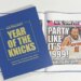 A book titled "YEAR OF THE KNICKS" and a New York Post newspaper with the headline "PARTY LIKE IT'S 1999!" featuring a photo of Jalen Brunson.