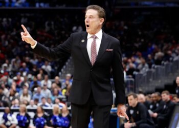 Basketball coach Rick Pitino reacting during the NCAA Sweet Sixteen game.