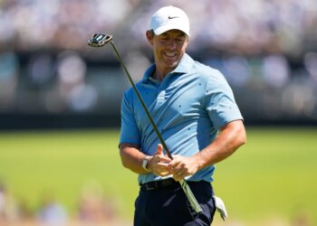 Rory McIlroy reacts during the third round of the US Open on June 20, 2026.