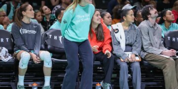 Sabrina Ionescu, standing up to watch the action during the Liberty's win over the Tempo on June 3, 2026, is expected to return to the lineup on Sunday vs. the Washington Mystics.
