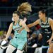Sabrina Ionescu, who later scored the game-winning layup, drives on Skylar Diggins during the Liberty's 96-95 win over the Sky on June 17, 2026 in Chicago.