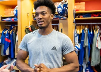New York Giants defensive back Sam Beal speaking to the press.