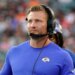 Los Angeles Rams head coach Sean McVay wearing a headset on the sideline.